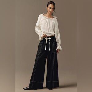 NWT! Anthropologie Maeve Navy Linen Blend Pull-On Wide-Leg Pants - Size Small 💎